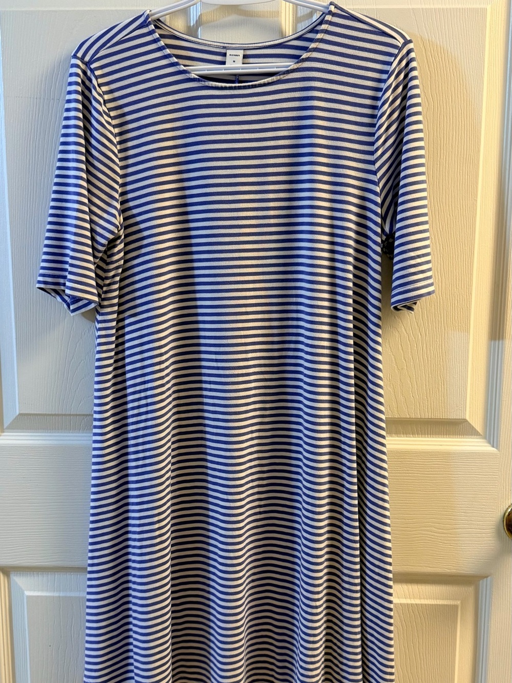 Old Navy Size M Blue White Striped A-Line Swing Dress 3/4 Sleeve Rayon Stretch